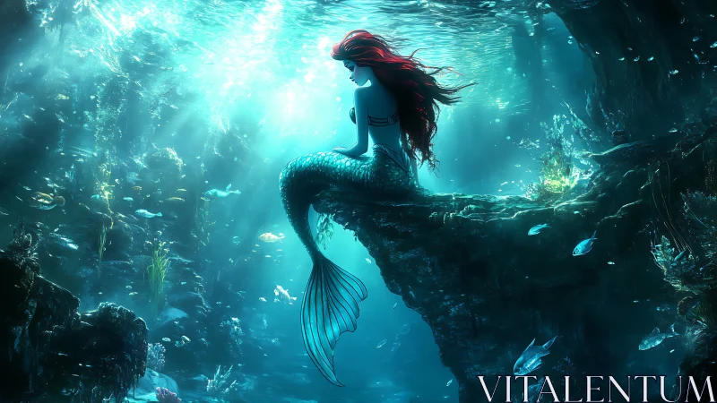 Mermaid figure on rock ledge in illuminated seafloor scene.