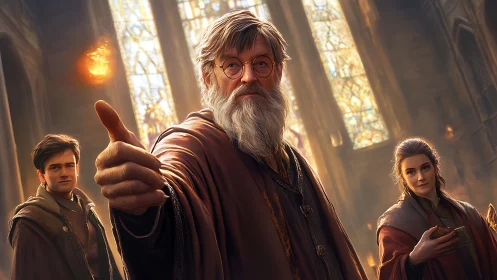 Elder wizard guiding two young mages in sunlit hall.