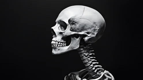 Lateral profile view of human skull and cervical vertebrae model.