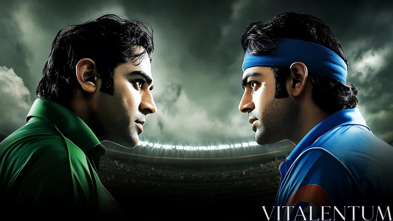 Rival cricket captains sharing a charged stadium stare down.