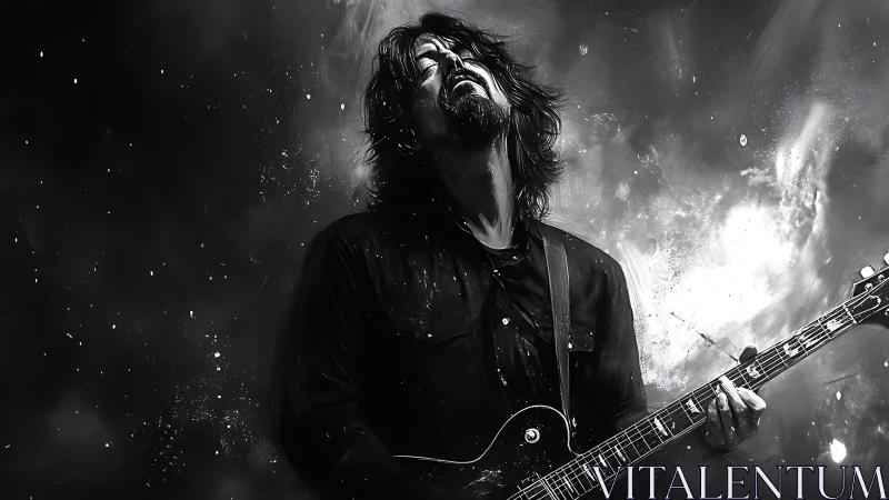 Monochrome guitarist in dynamic pose with abstract backdrop.