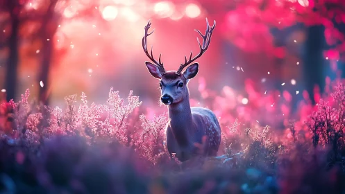 Starlit stag wandering through a dream-bright rose forest.