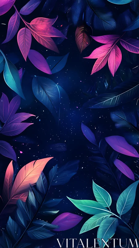 Colorful neon jungle leaves on deep starry night sky