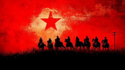 Cowboy silhouettes under bold red star sky backdrop.