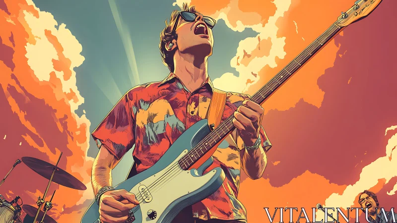 Guitarist performs outdoors under stylized orange sky