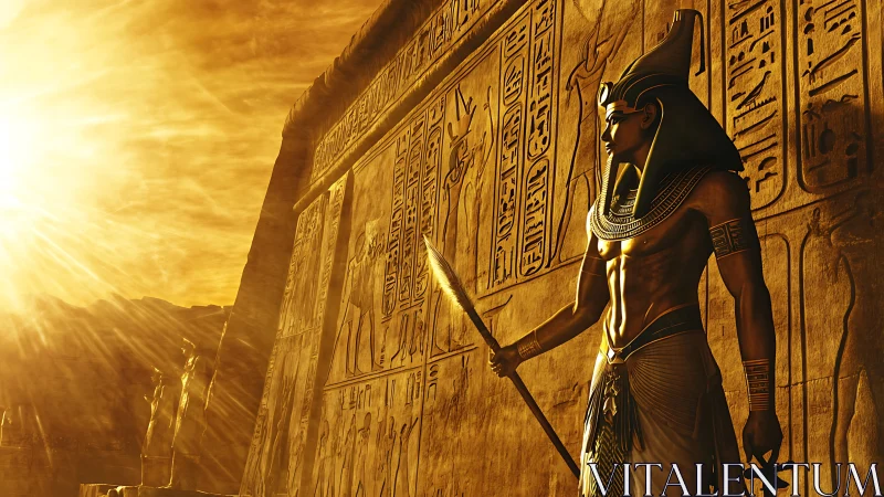 Solar-illuminated pharaonic sentinel beside hieroglyphic reliefs.