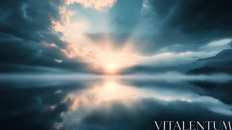 Stormlit dawn halo over glassy mist-wrapped mountain lake.