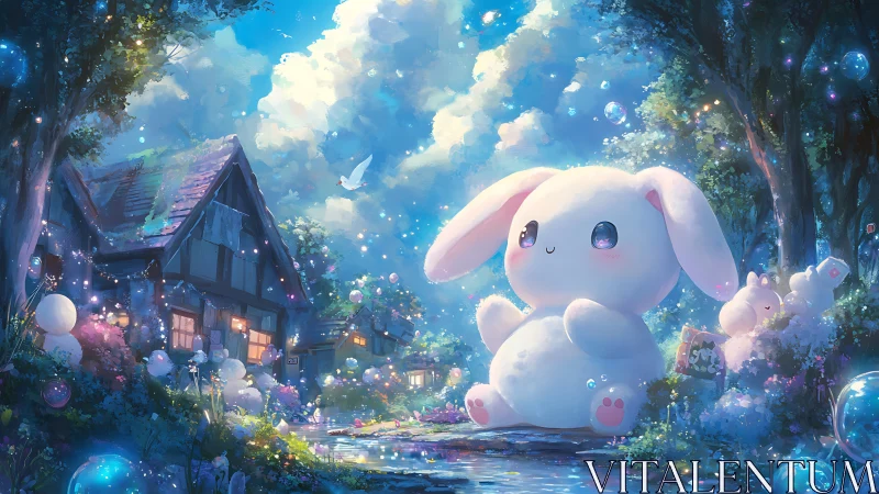 Moonlit bunny guardian giggles beside a bubble-bright cottage