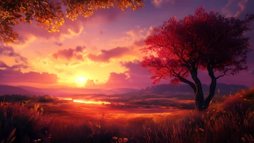 Radiant sunset ignites tranquil valley beneath red tree.