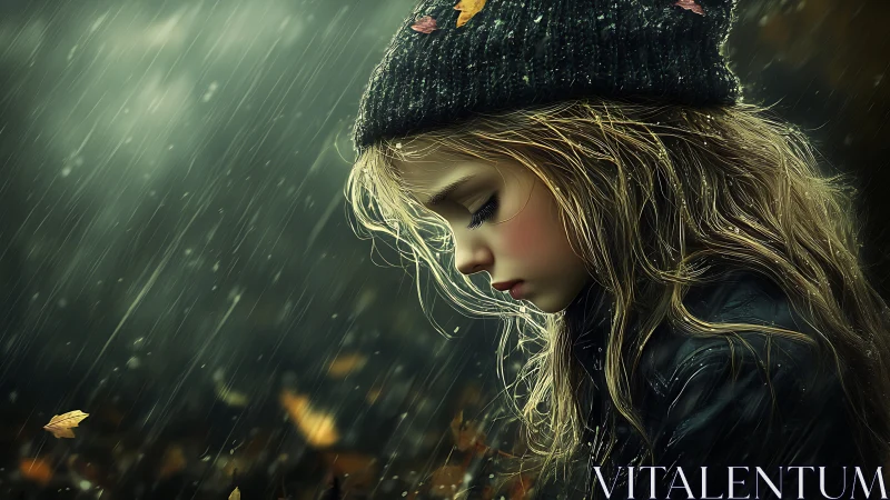 Rain-soaked daydream girl beneath autumn&rsquo;s drifting hush.