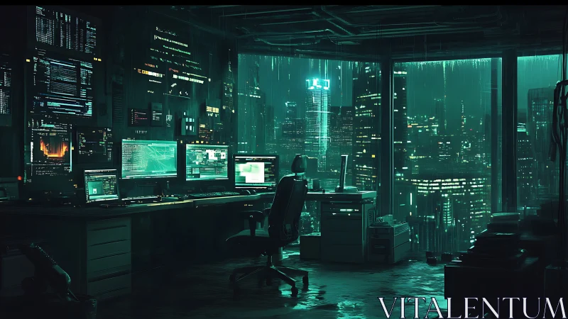 Neon-lit hacker workspace watches over a rain-soaked cybercity