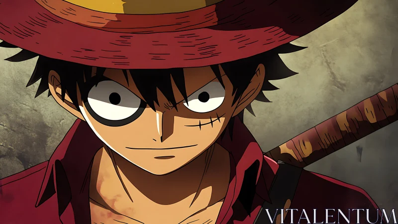 Straw hat anime pirate closeup with intense focused stare.