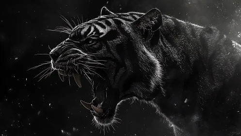 High-contrast digital rendering of roaring black tiger profile.