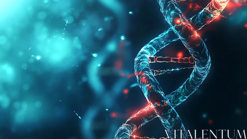 Glowing DNA strands twist gently in a luminous blue void