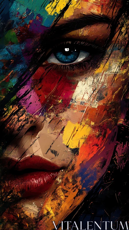 Fragmented chromatic female portrait with intense blue eye