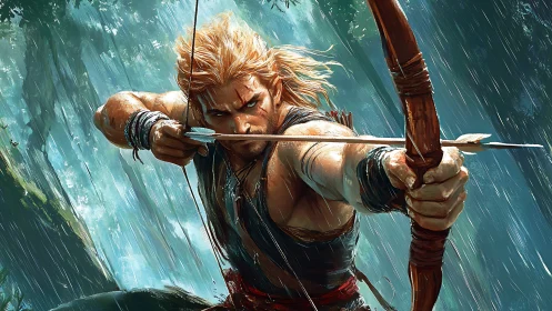 Stormlit archer poised between rain, focus, and motion.