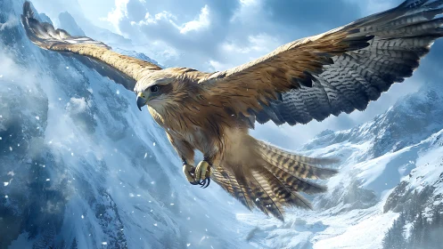 Majestic eagle soaring over snowy mountains in realistic digital art.