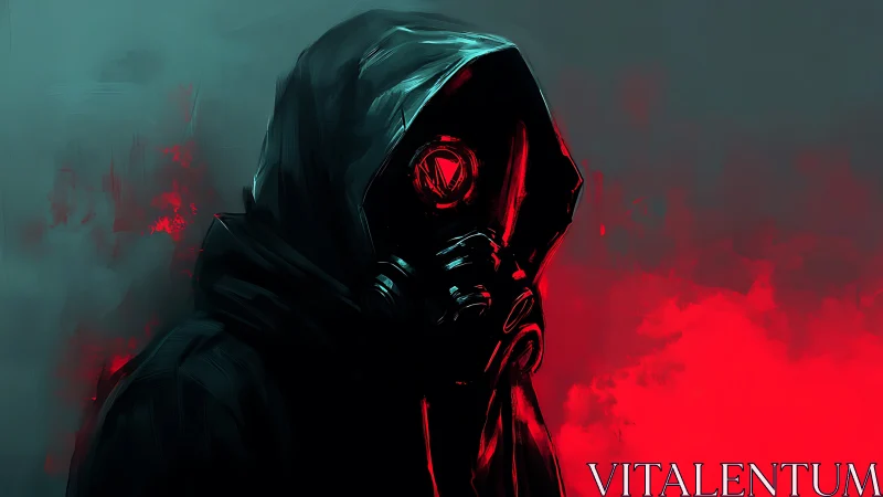 Hooded gasmask figure in crimson backlight portrait rendering.