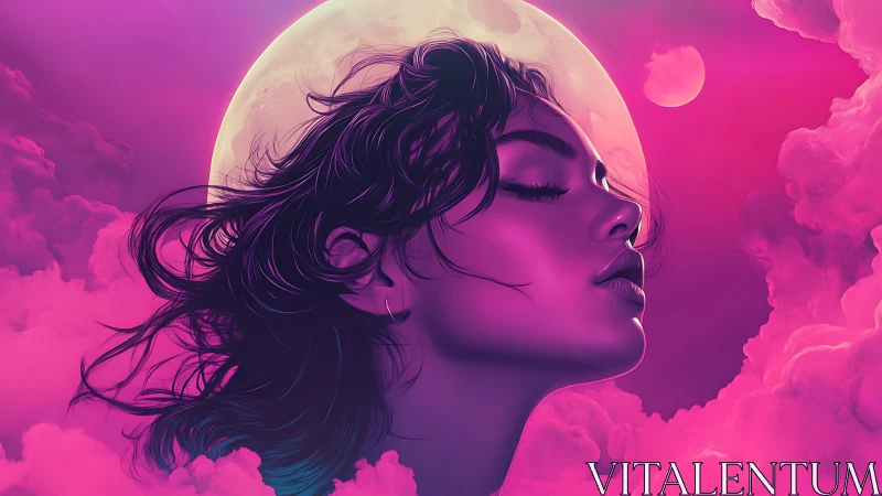 Neon lunar portrait of serene woman amid magenta vapor clouds