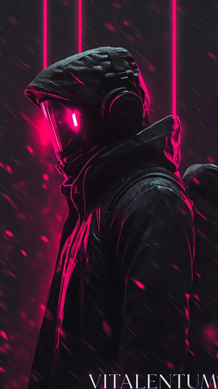 Cybernetic hooded scout under neon magenta rain lines