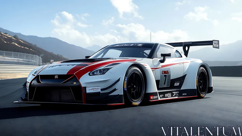 GT-style race car on asphalt circuit under clear sky.