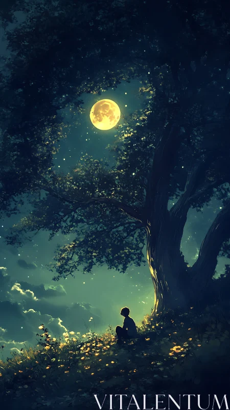 Child sits beneath large moonlit tree on glowing hillside