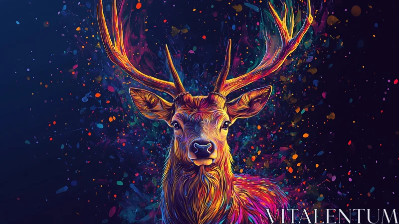 Multicolored stag portrait with abstract particle backdrop.
