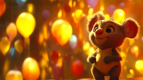 Cheerful koala kid basks in a glowing carnival of balloons