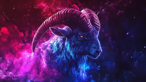 Neon cosmic ram portrait in intense magenta blue glow.