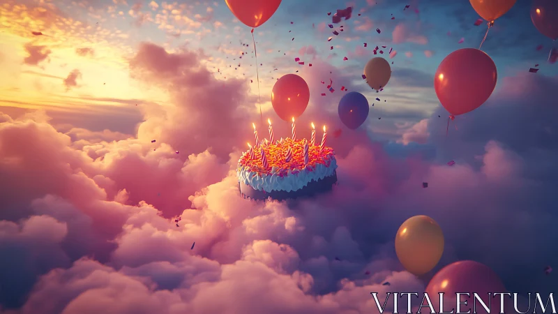 Celestial Birthday Cake Ascending Through Cloud Formations.