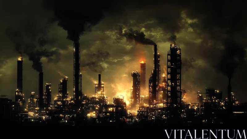 Industrial refinery skyline under toxic storm glow.
