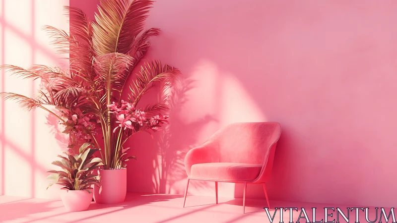 Monochrome pink interior scene unifies foliage and velvet seating