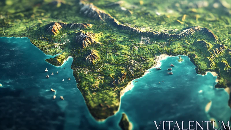 Miniature coastal world of lush mountains and quiet harbors.