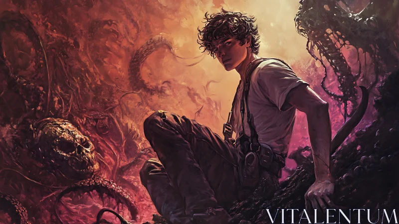 Young survivor poised against tentacled abyss in warm backlight