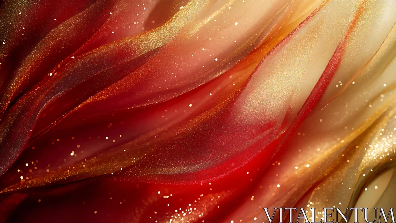 Red and gold flowing fabric with fine shimmering particles.