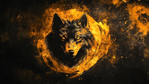 Luminous ember wolf portrait within abstract ink explosion