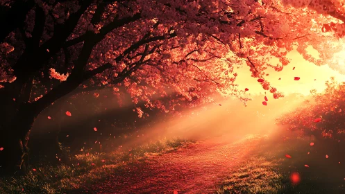 Sunlit cherry blossom path under glowing evening canopy.