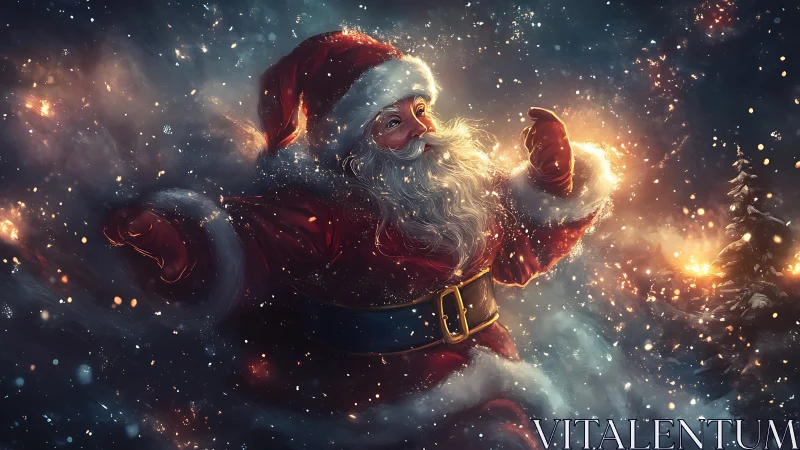 Santa Claus in red suit walks through glowing winter snow