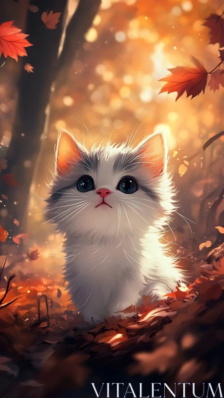 A Fluffy White Kitten Enchanted by Autumn's Golden Glow