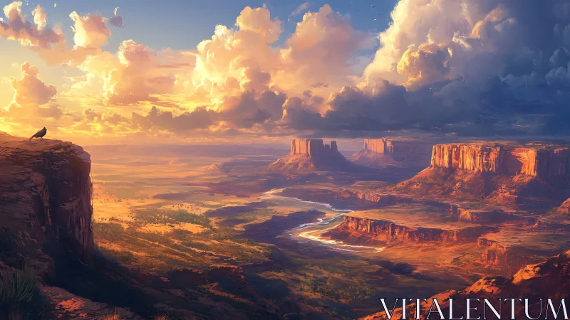 Sunlit canyon river winding under glowing desert clouds.