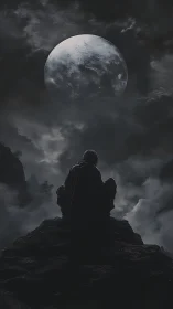 Quiet moonlit watcher resting atop misty mountain rocks.