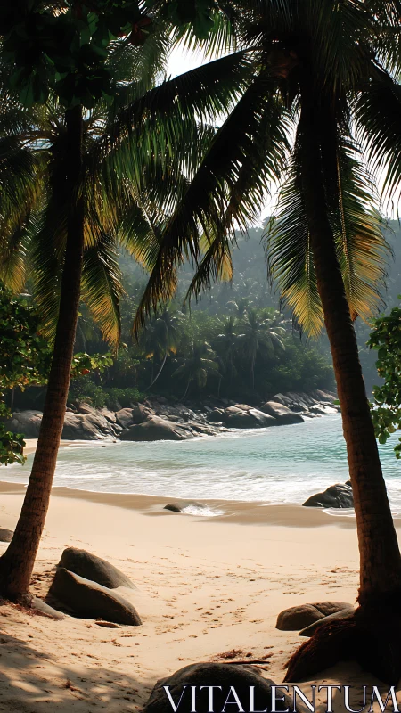 Tropical beach cove framed by palm trees and granite formations