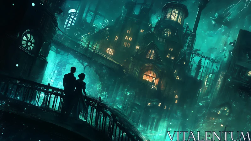 Neon Cityscape with Silhouetted Figures on Luminescent Bridge.