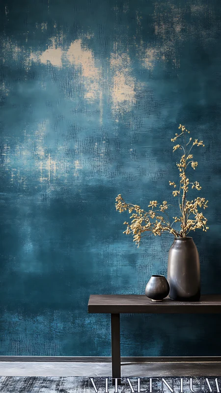 Dark bench and vases against textured teal wall background.