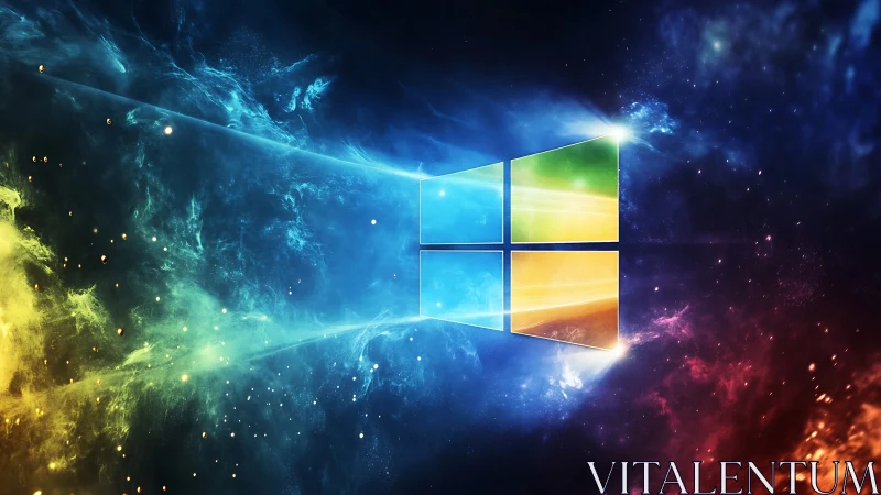 Multicolor window logo over abstract nebula background.