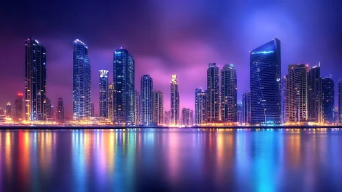 Neon city skyline glowing over calm, mirrorlike water.