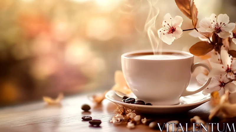 White coffee cup emits steam beside blossoms on table