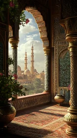 Ornate balcony gazes over sunlit domes and minarets.