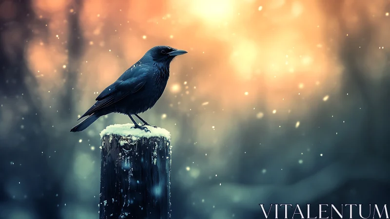 Black crow perched on snowy post in dreamy winter light.