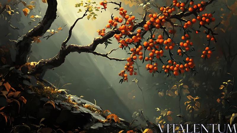 Sunlit forest scene with orange fruit tree in digital painting style.